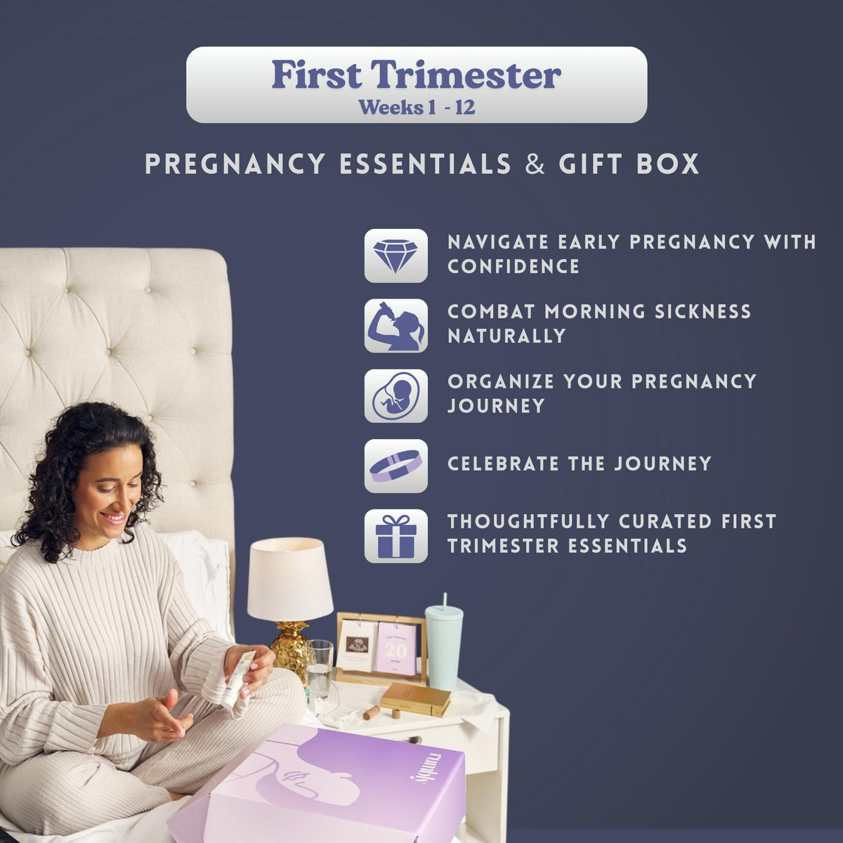 Rumbly pregnancy care package open displaying thirty ounce white travel tumbler and prenatal felt organizer.