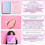 Weekly pregnancy countdown calendar and elegant double hearts gold bangle included in the mom gift set.