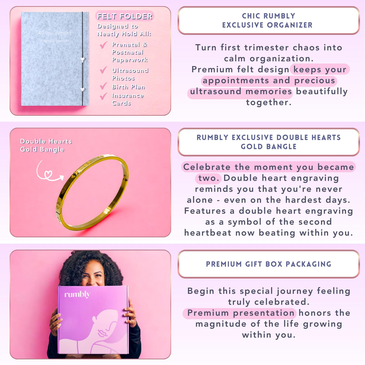 Weekly pregnancy countdown calendar and elegant double hearts gold bangle included in the mom gift set.