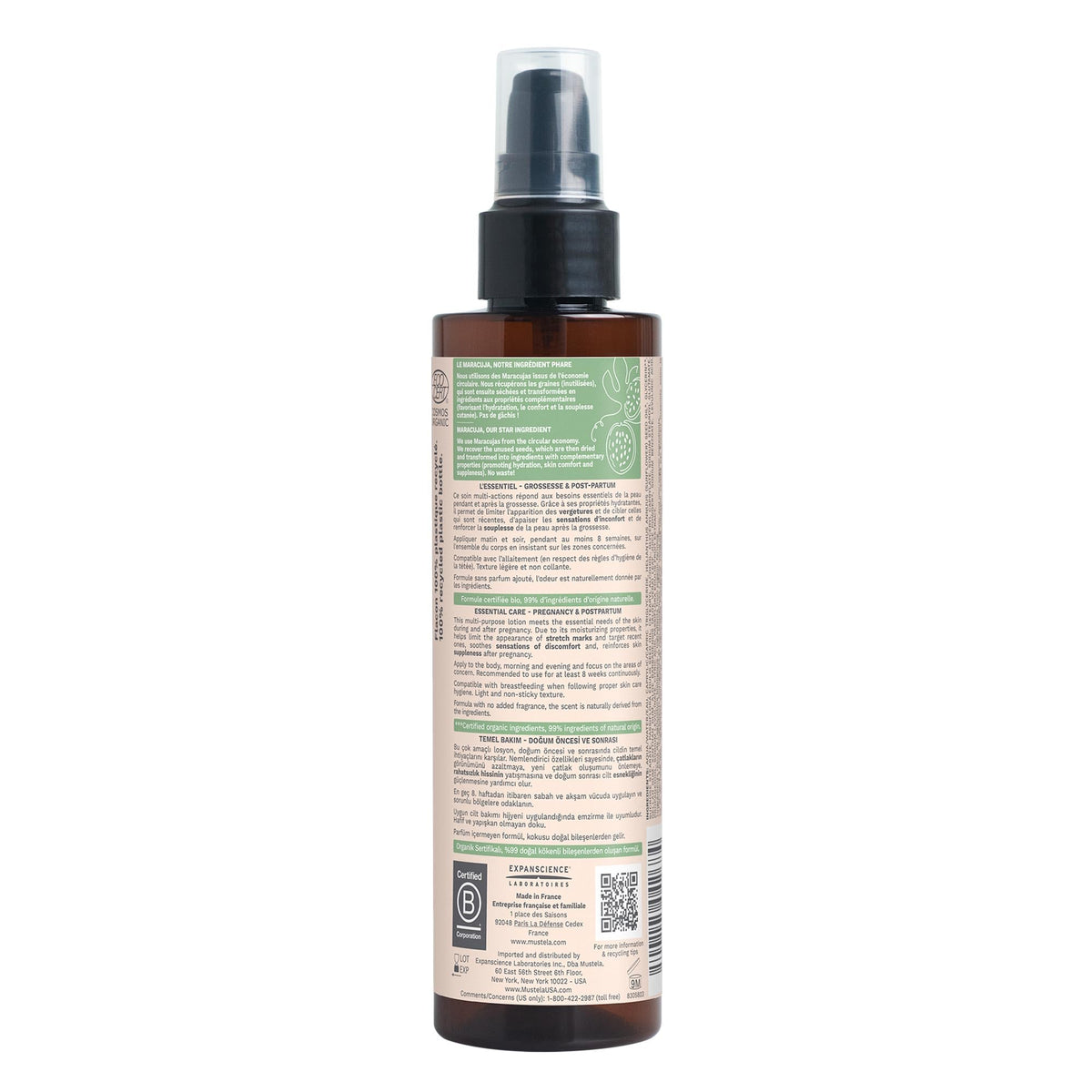 Mustela 200ml organic pregnancy lotion packaging showing natural ingredients list.