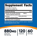Side view of Nutricost Quercetin 880mg supplement packaging detailing nutritional facts and non-GMO clean ingredients.