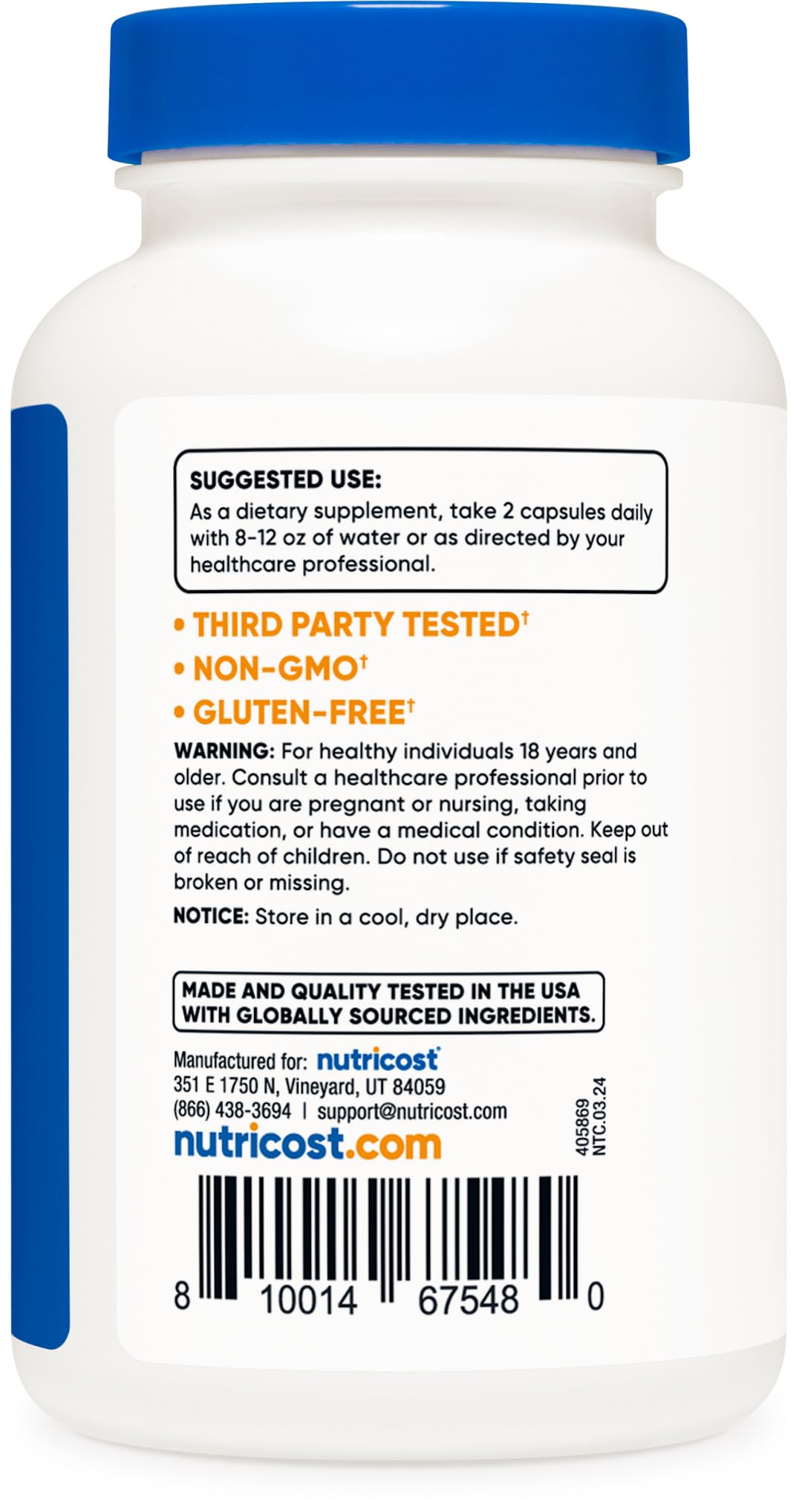Nutricost immune defense dietary supplement bottle displaying third party tested certification seals and manufacturing standards.
