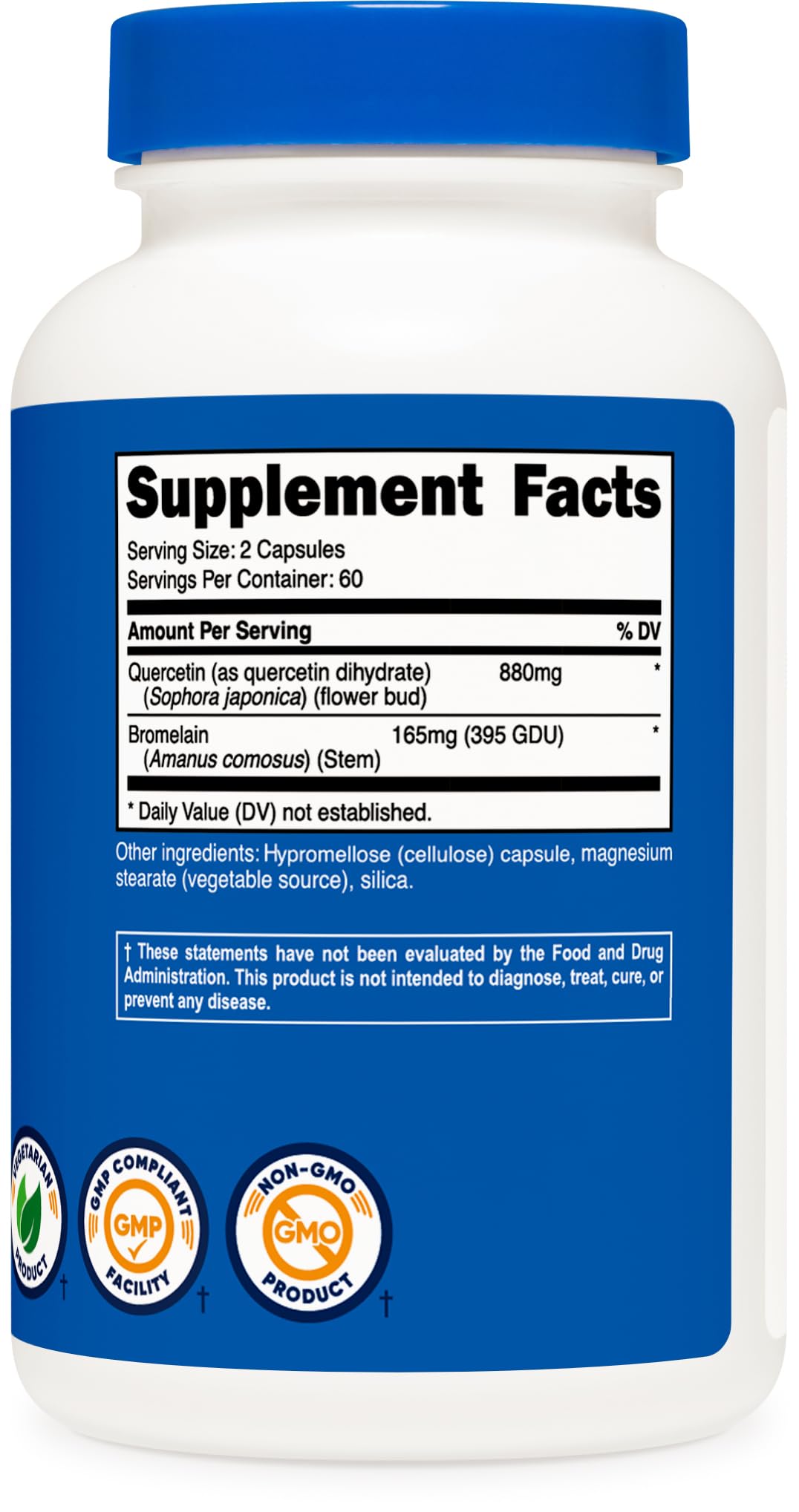 Nutricost Quercetin with Bromelain capsules shown alongside clear usage instructions for daily respiratory wellness.