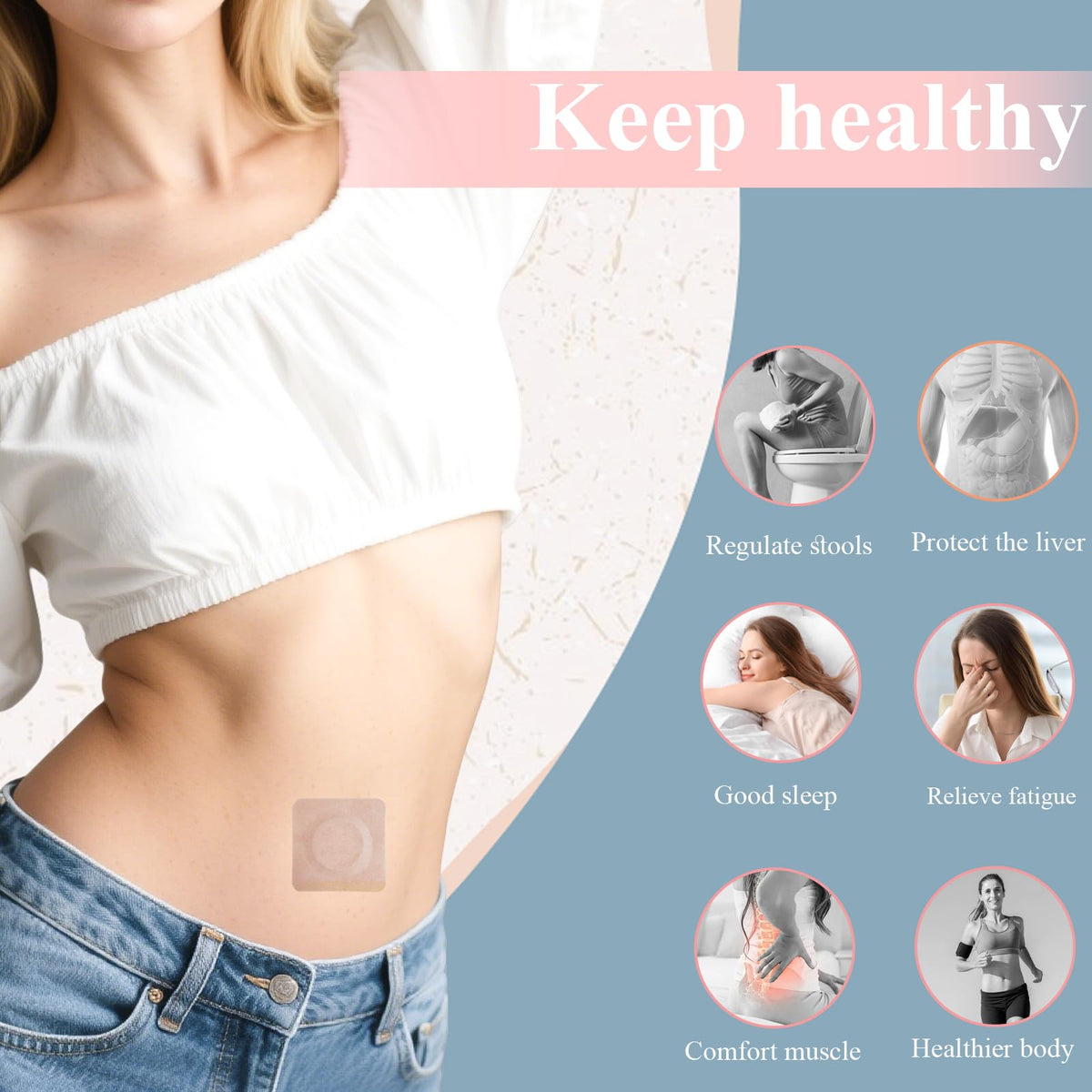 Self adhesive castor oil belly button patch showing the organic cotton core.