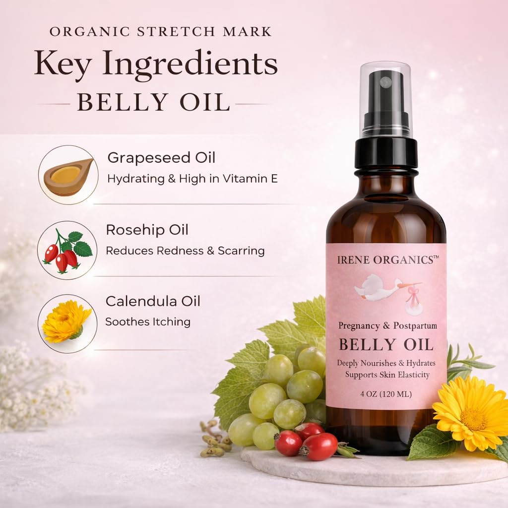 Award winning Irene Organics belly oil pump dispenser close up view