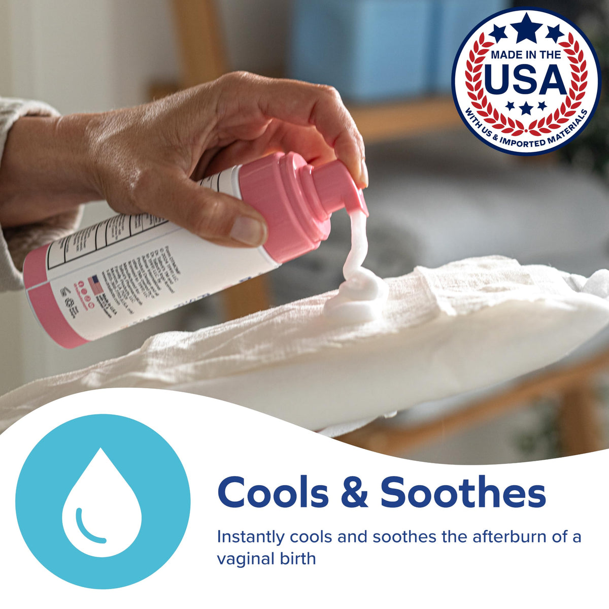 Dr. Talbot's Mom Witch Hazel Perineal Foam packaging showcasing active ingredients for new mothers.