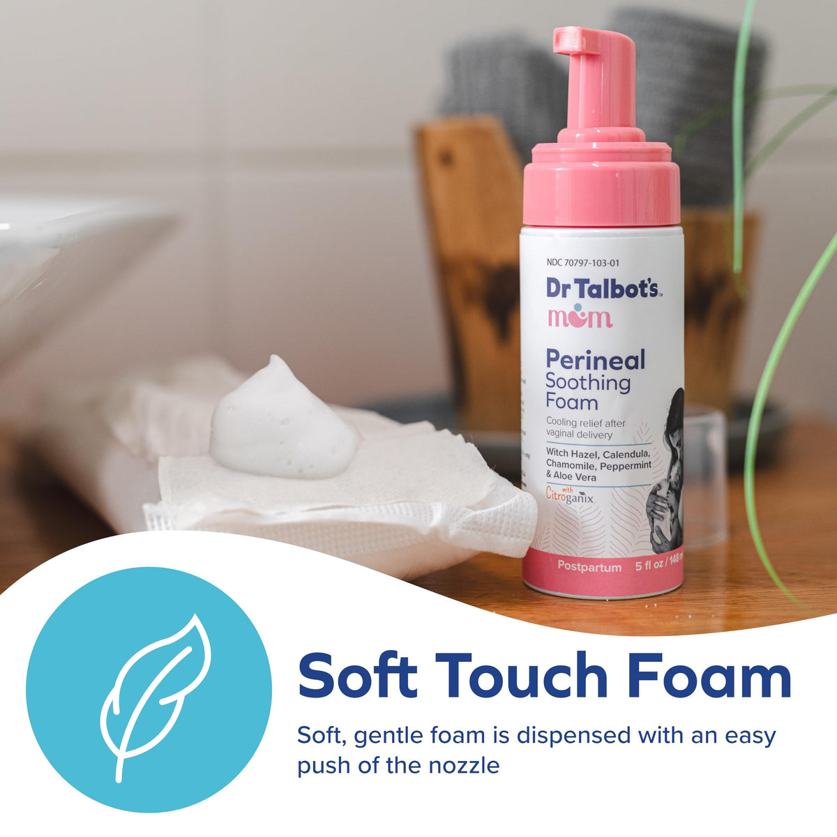 Dr. Talbot's Mom 5 fluid ounce soothing foam container with convenient pump dispenser.