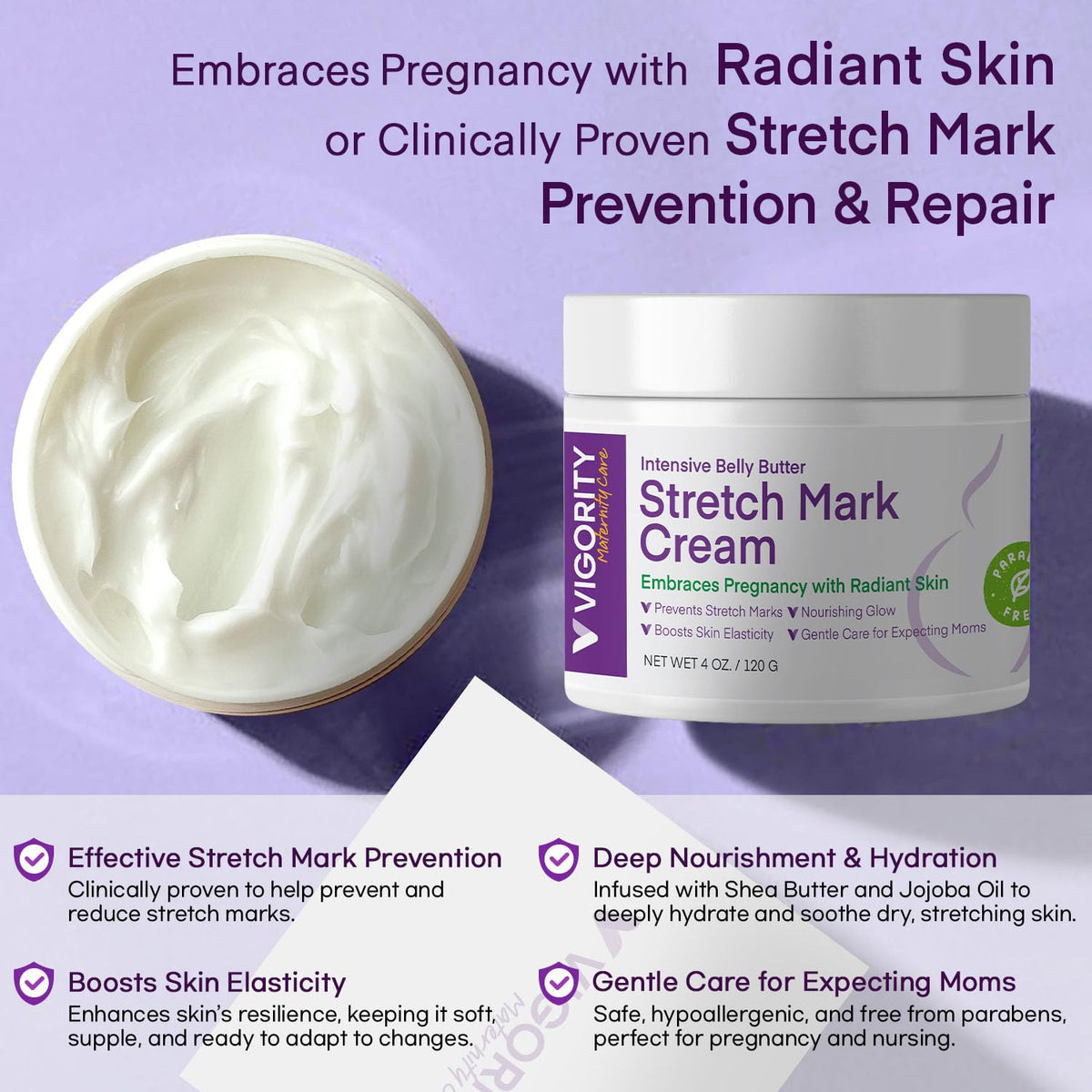 Vigority stretch mark cream for pregnant women displaying product texture and premium packaging