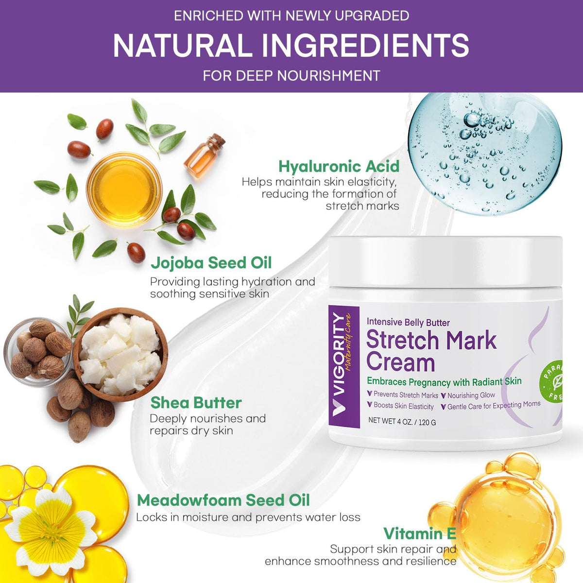Hypoallergenic maternity massage lotion container showing paraben free skin elasticity formula ingredients
