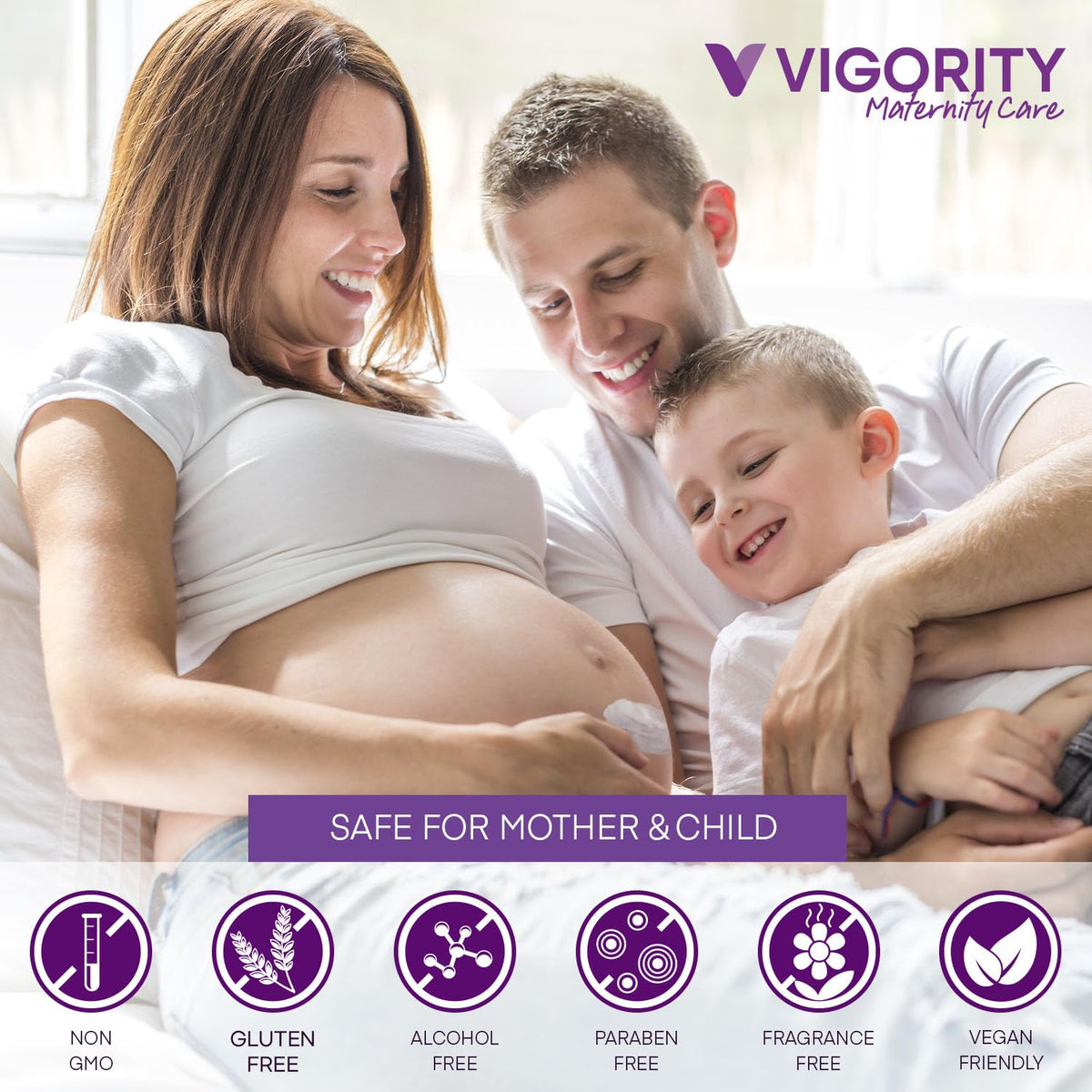 Vigority pregnancy prevention massage lotion being applied onto maternal skin for hydration