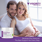 Side view of Vigority maternity care intensive stretch mark treatment packaging details and instructions