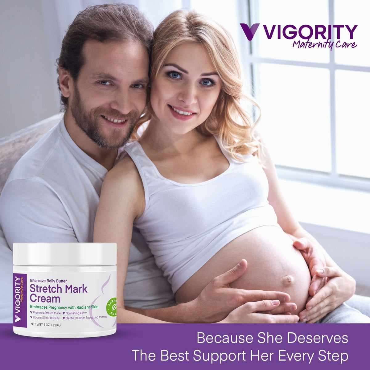 Side view of Vigority maternity care intensive stretch mark treatment packaging details and instructions