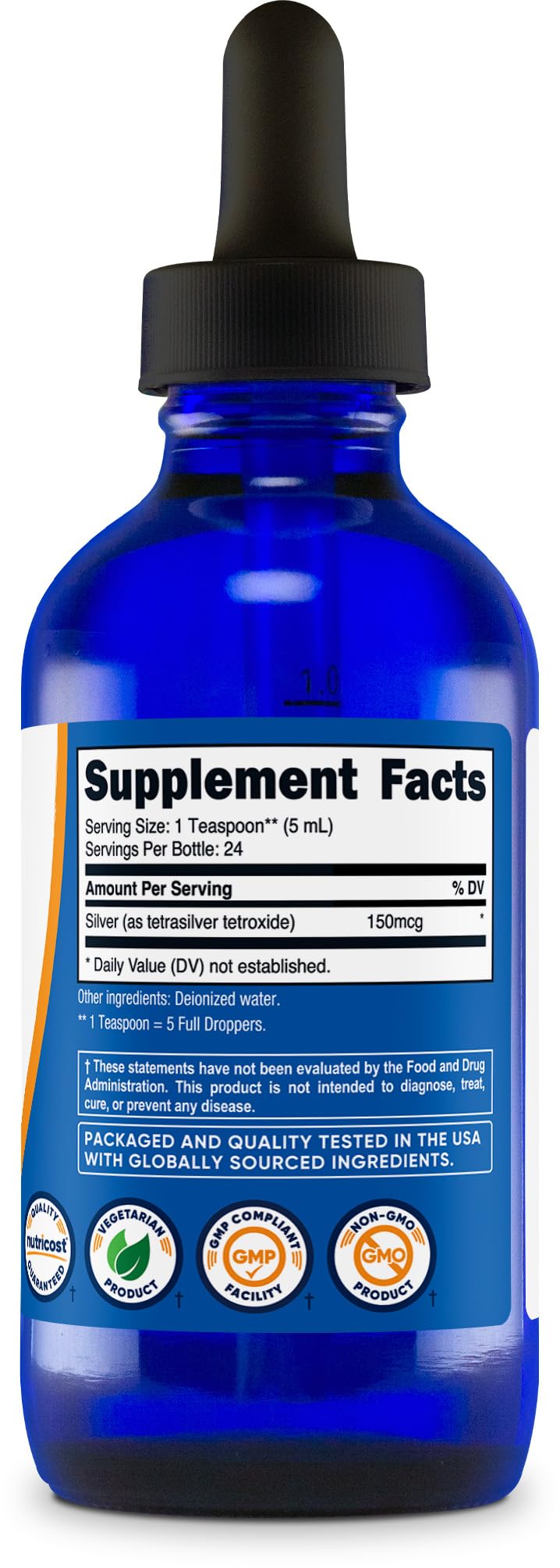 Nutricost unflavored bio active colloidal silver wellness formula showing pure liquid clarity