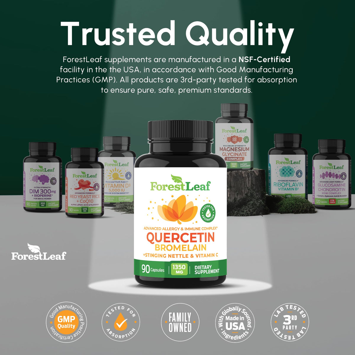 ForestLeaf daily dietary supplements bottle detailing complete product manufacturing transparency