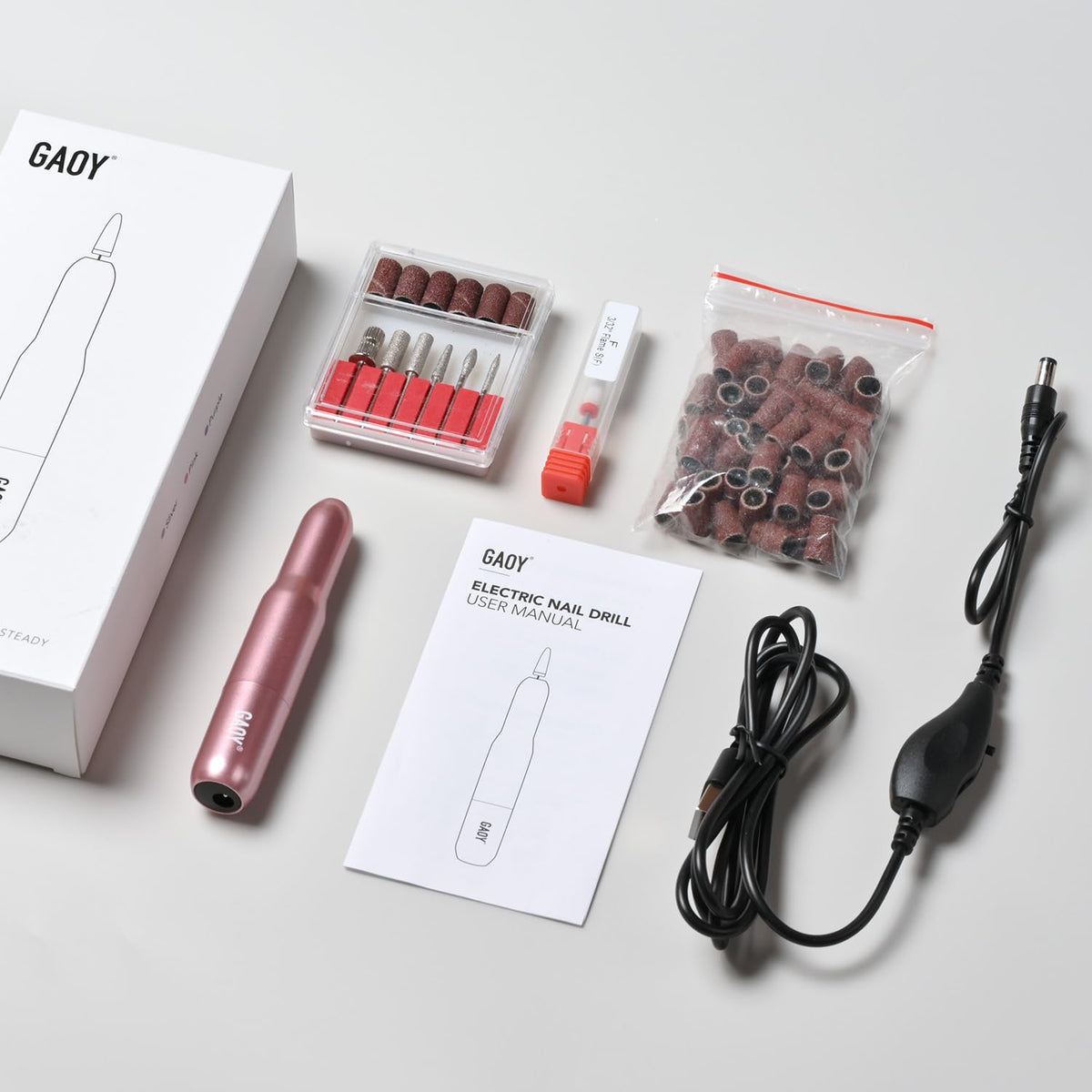 Gaoy pink nail drill kit organized in packaging