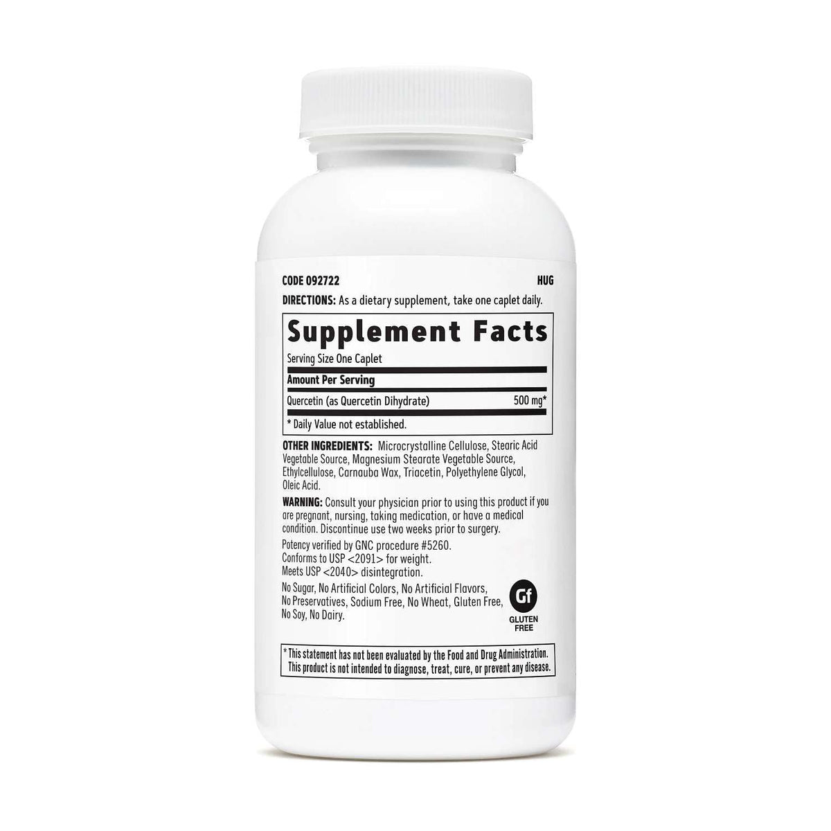 Side view of GNC Quercetin dietary supplement showing clean ingredient details.