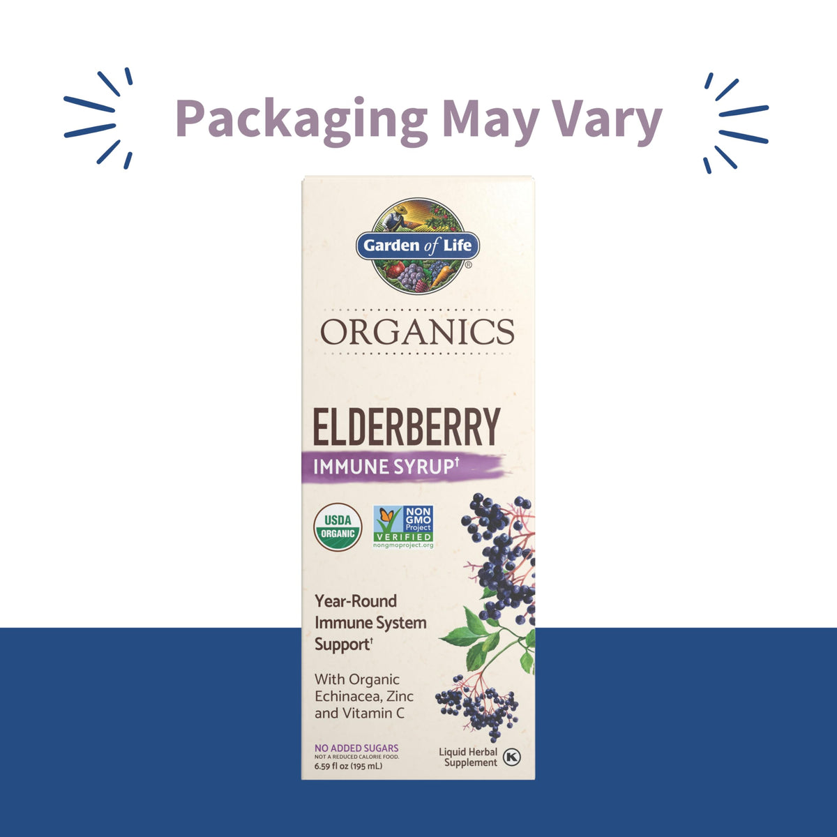 Side angle of Garden of Life plant based elderberry syrup liquid supplement packaging details.