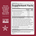 Garden of Life organic fruit and vegetable blend dietary supplement ingredients list on white background