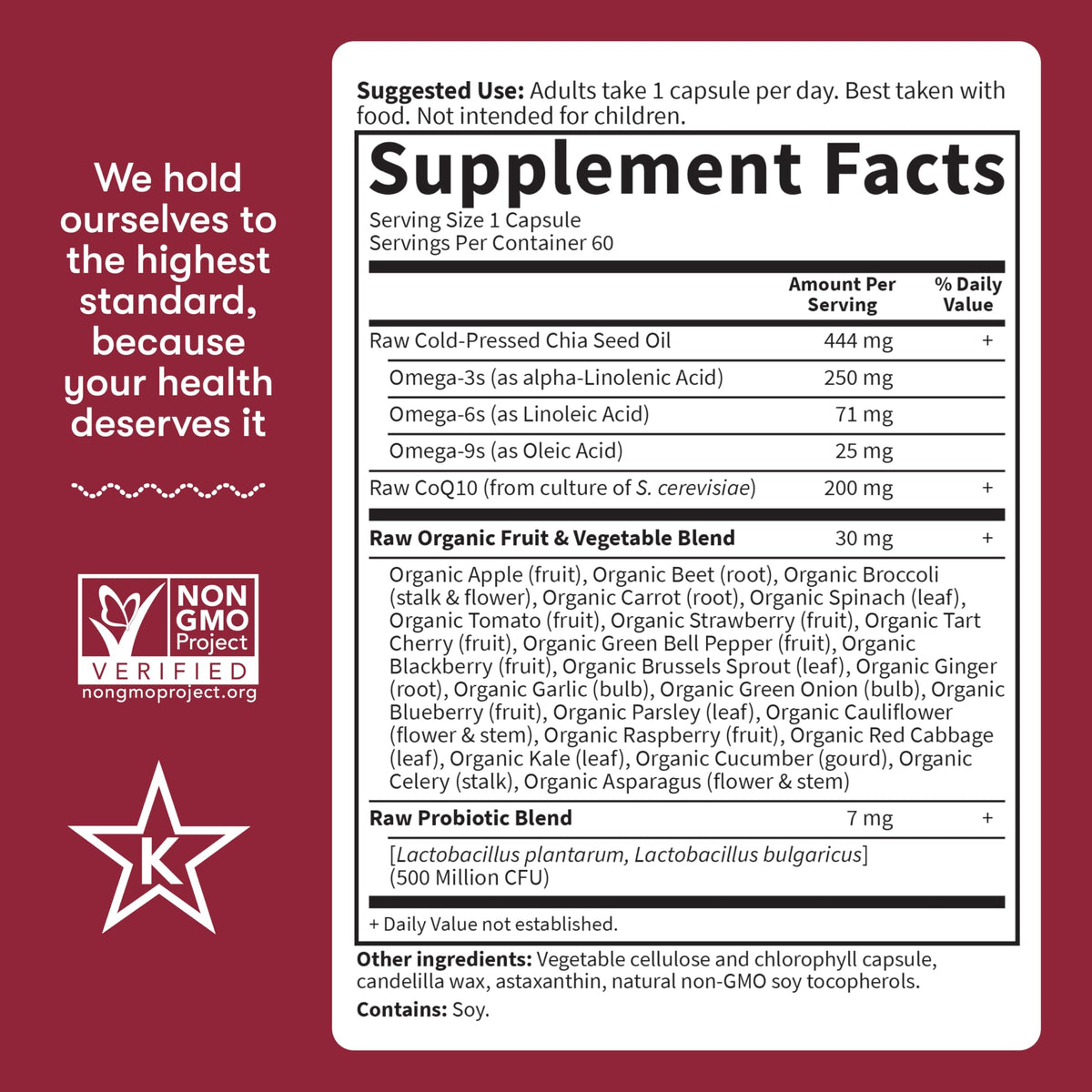 Garden of Life organic fruit and vegetable blend dietary supplement ingredients list on white background
