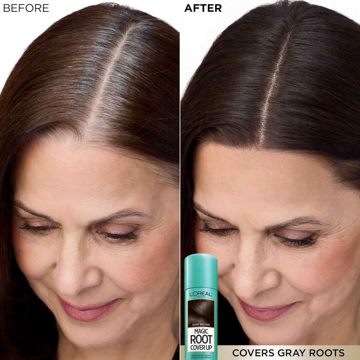L'Oreal Paris dark blonde root touch up spray being held to demonstrate compact travel size