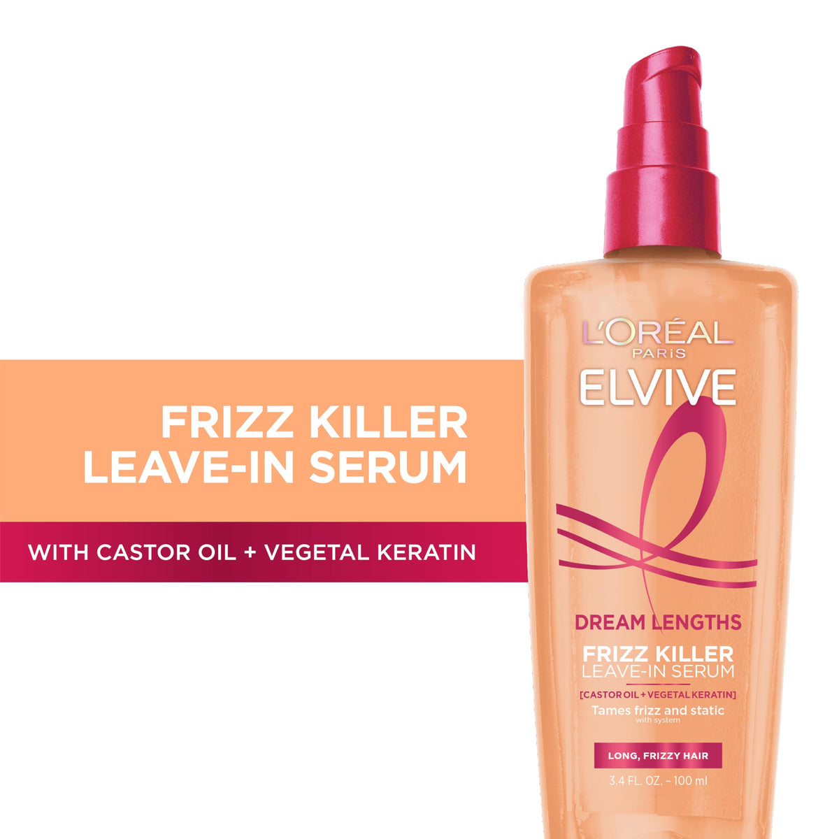 L'Oreal Paris Elvive anti frizz hair serum for long hair back label with ingredients list.