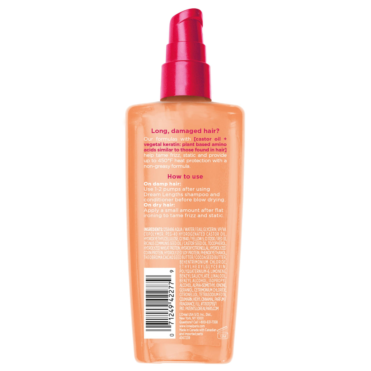 L'Oreal Paris Elvive Dream Lengths Frizz Killer 100ml hair serum bottle angled view.