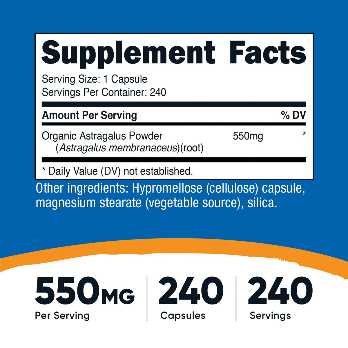 Nutricost Astragalus Root supplement nutritional facts label displaying 550 milligrams per serving size