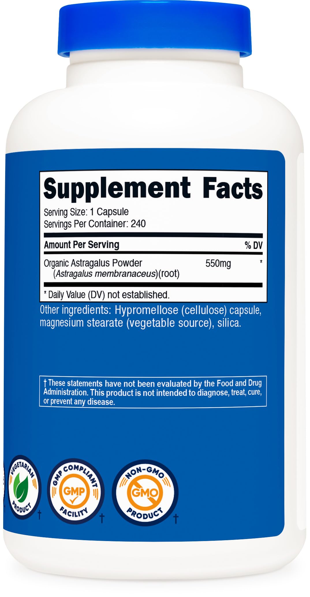 Close up of non-GMO and gluten-free herbal capsules containing premium astragalus membranaceus powder