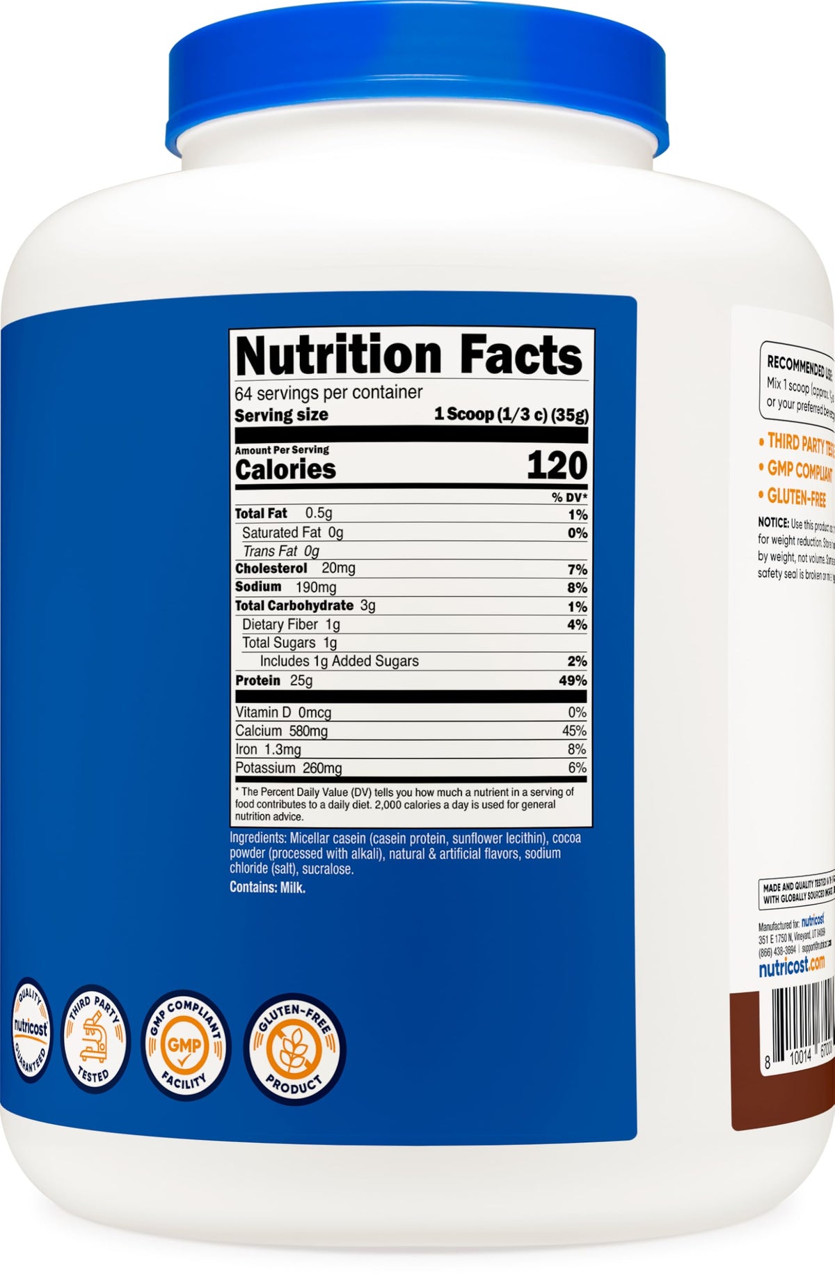 Nutricost Casein Protein powder chocolate nutritional supplement label