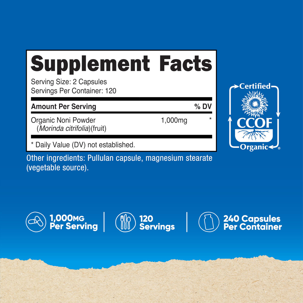 Nutricost Organic Noni 500mg supplement facts label displaying certified organic ingredients