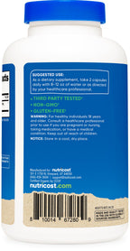 Side view of Nutricost imported noni capsules bottle illustrating 1000mg serving size details