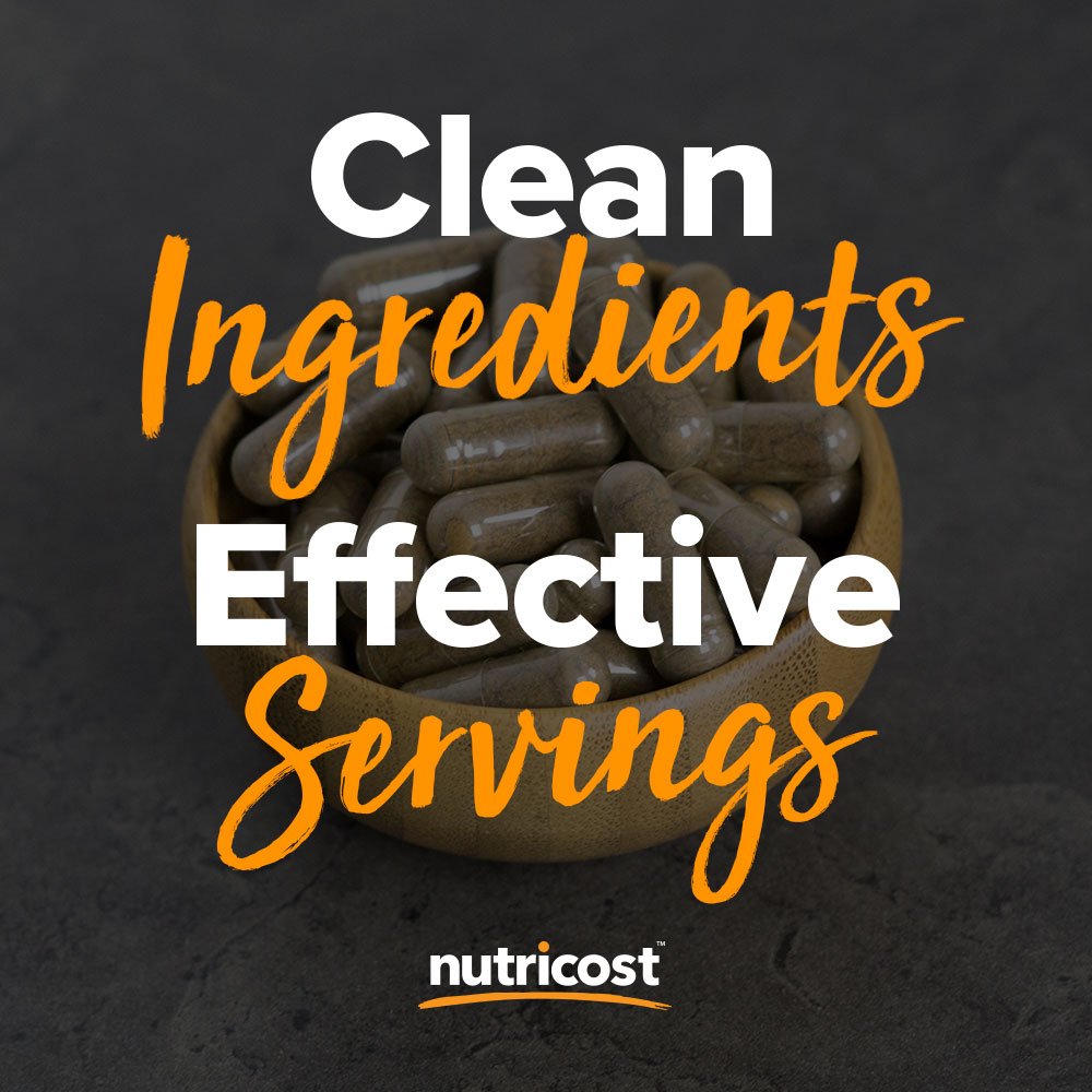 Close up of authentic Nutricost noni vegetarian capsules highlighting pullulan safe formulation