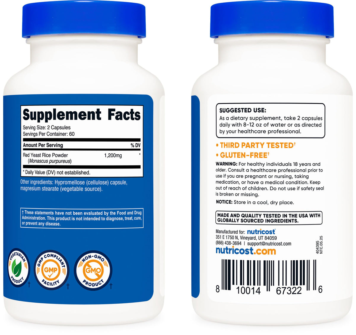 Back ingredients label of authentic Nutricost red yeast rice showing 600mg per capsule breakdown.