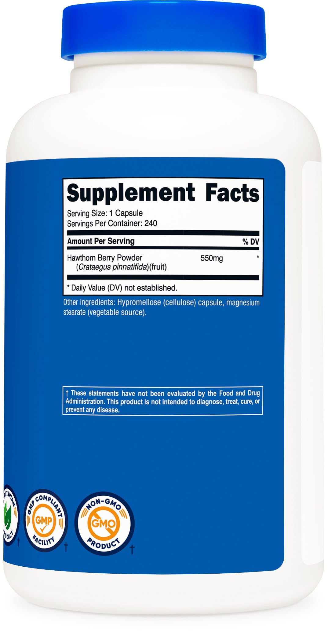 Nutricost Hawthorn Berry 550mg vegetarian friendly capsules placed next to the retail bottle packaging
