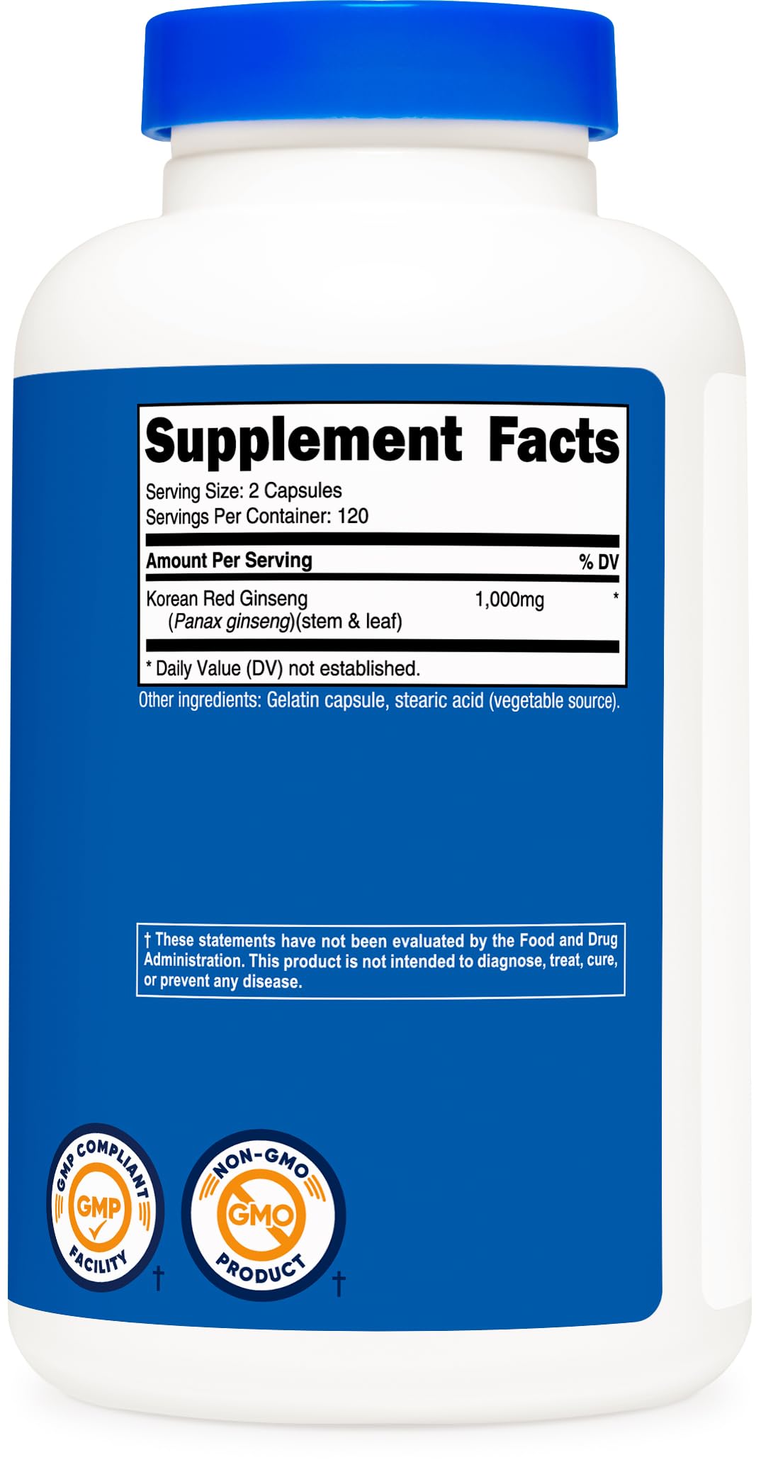 Nutricost Korean Panax Red Ginseng 1000mg extra strength supplement side view