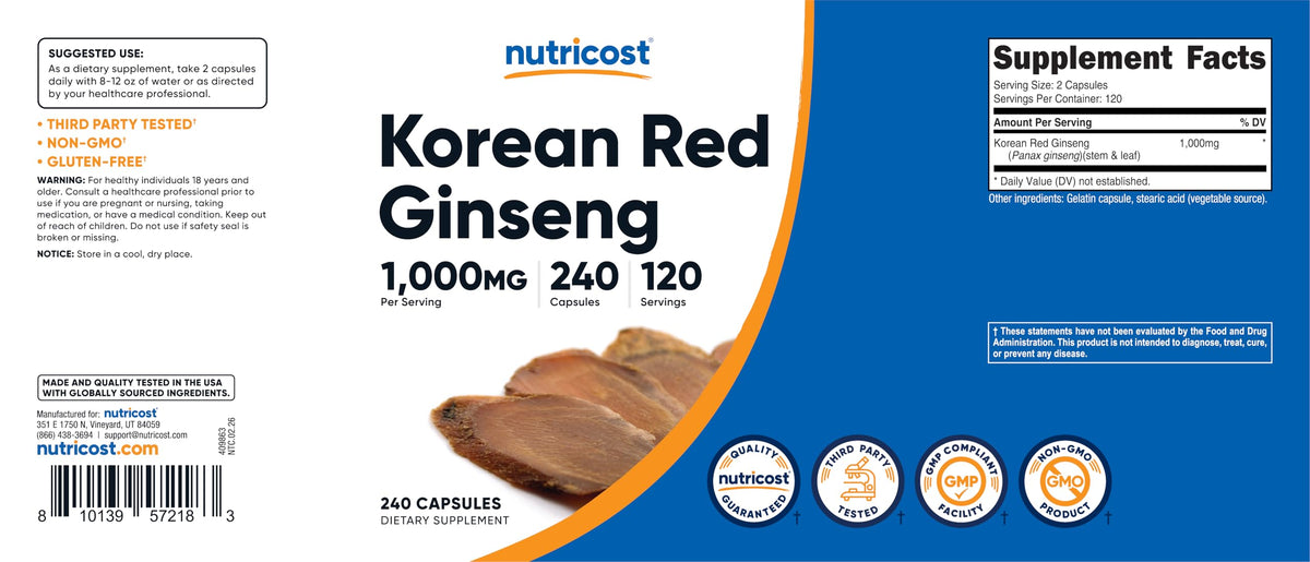 Nutricost brand Korean Red Ginseng dietary supplement bottle