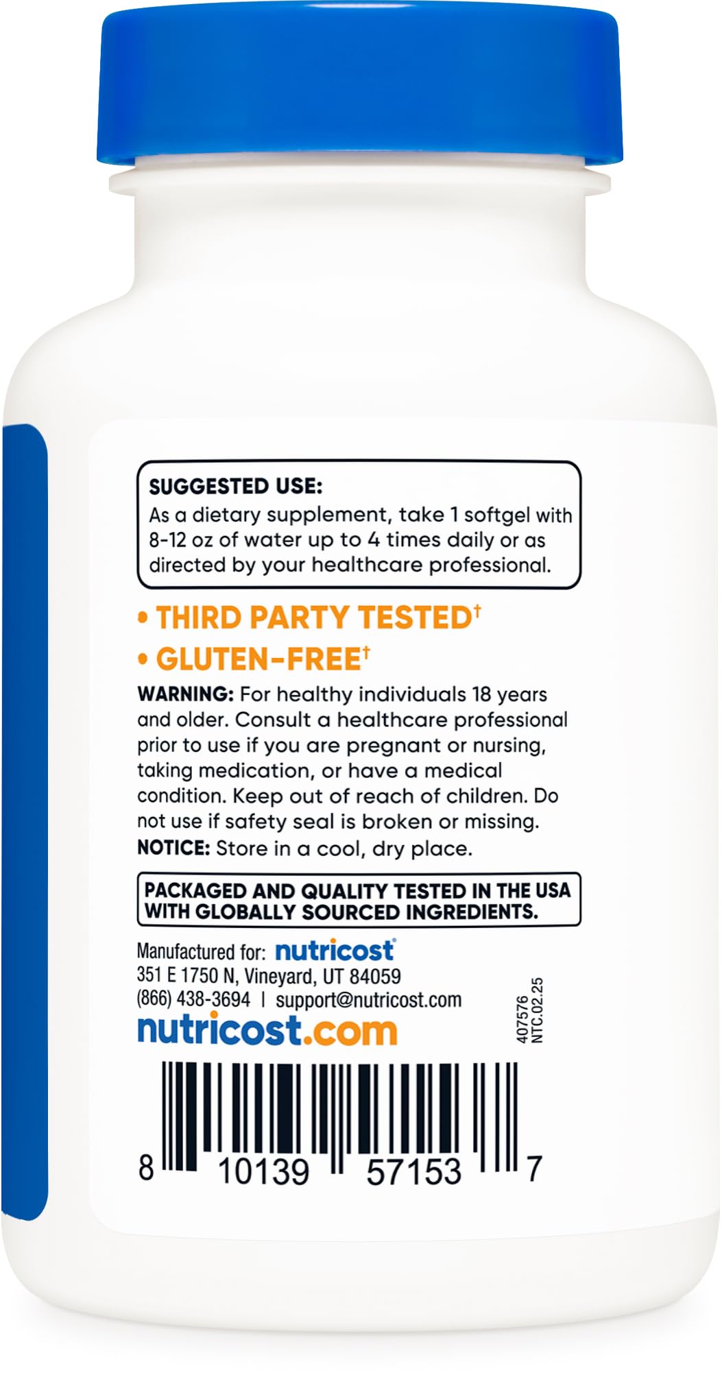 Nutricost 240 garlic softgels packaging showing NSF certified and GMP compliant seals