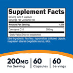 Nutricost coenzyme Q10 supplement bottle showing supplement facts and ingredient list panel