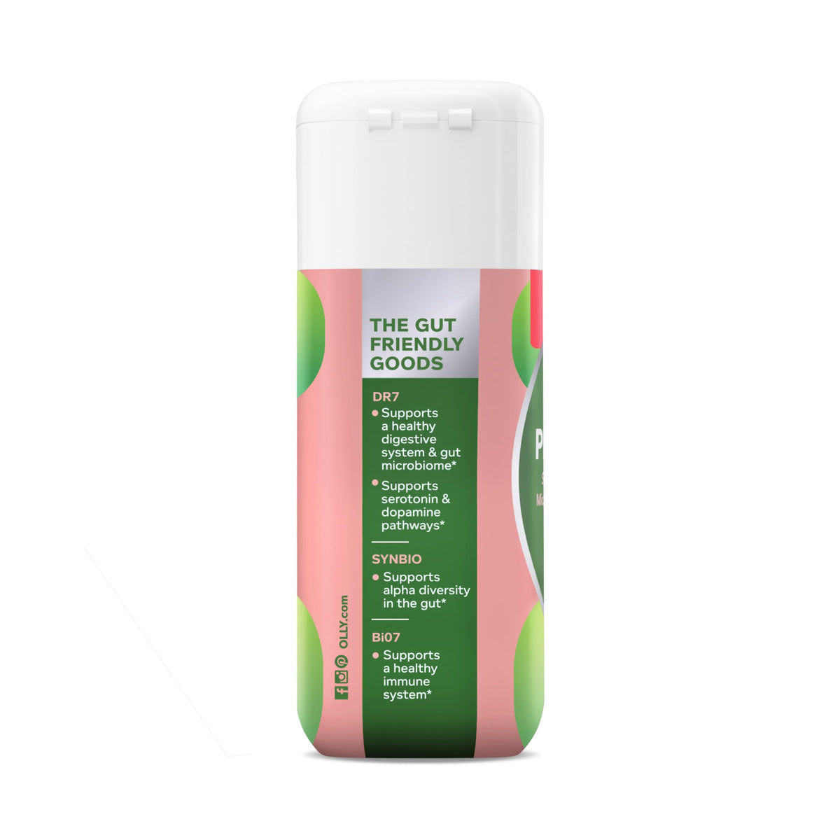 OLLY Big 10 Probiotic side view displaying usage instructions and capsule count