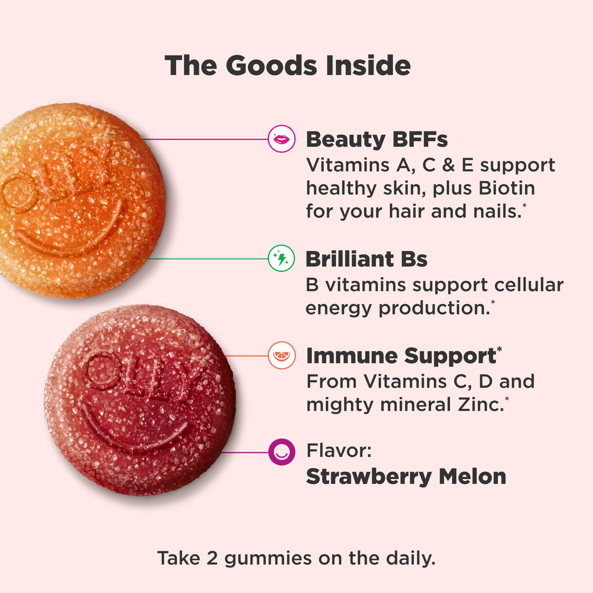 OLLY teenage girls chewable multivitamin nutritional facts label and premium ingredient list.