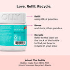 Side angle view of OLLY teen girl daily multivitamin bottle with natural gluten free certification.