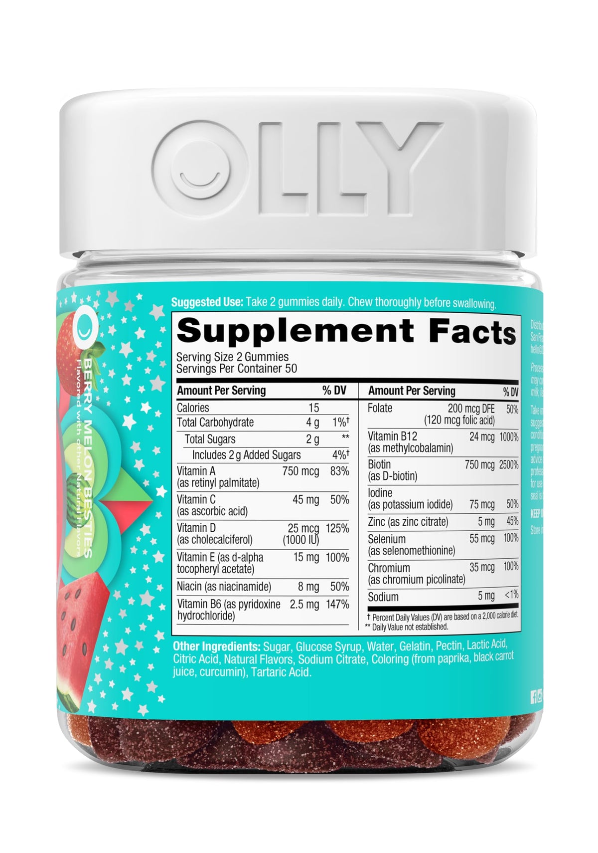 OLLY multi gummy bottle showing directions for use and daily recommended dosage information.