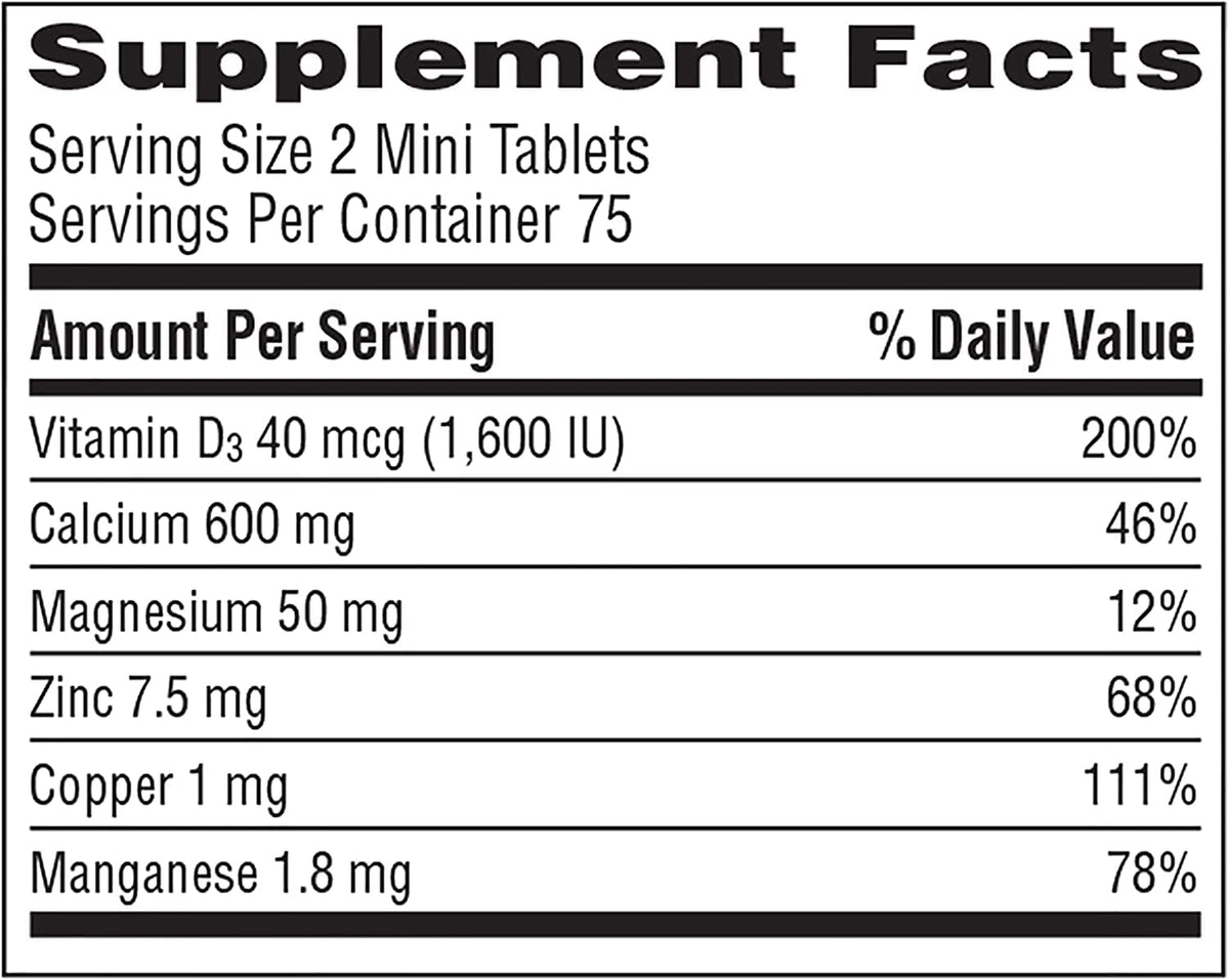 Caltrate Minis bone health supplement packaging highlighting the easy to swallow small tablet size.