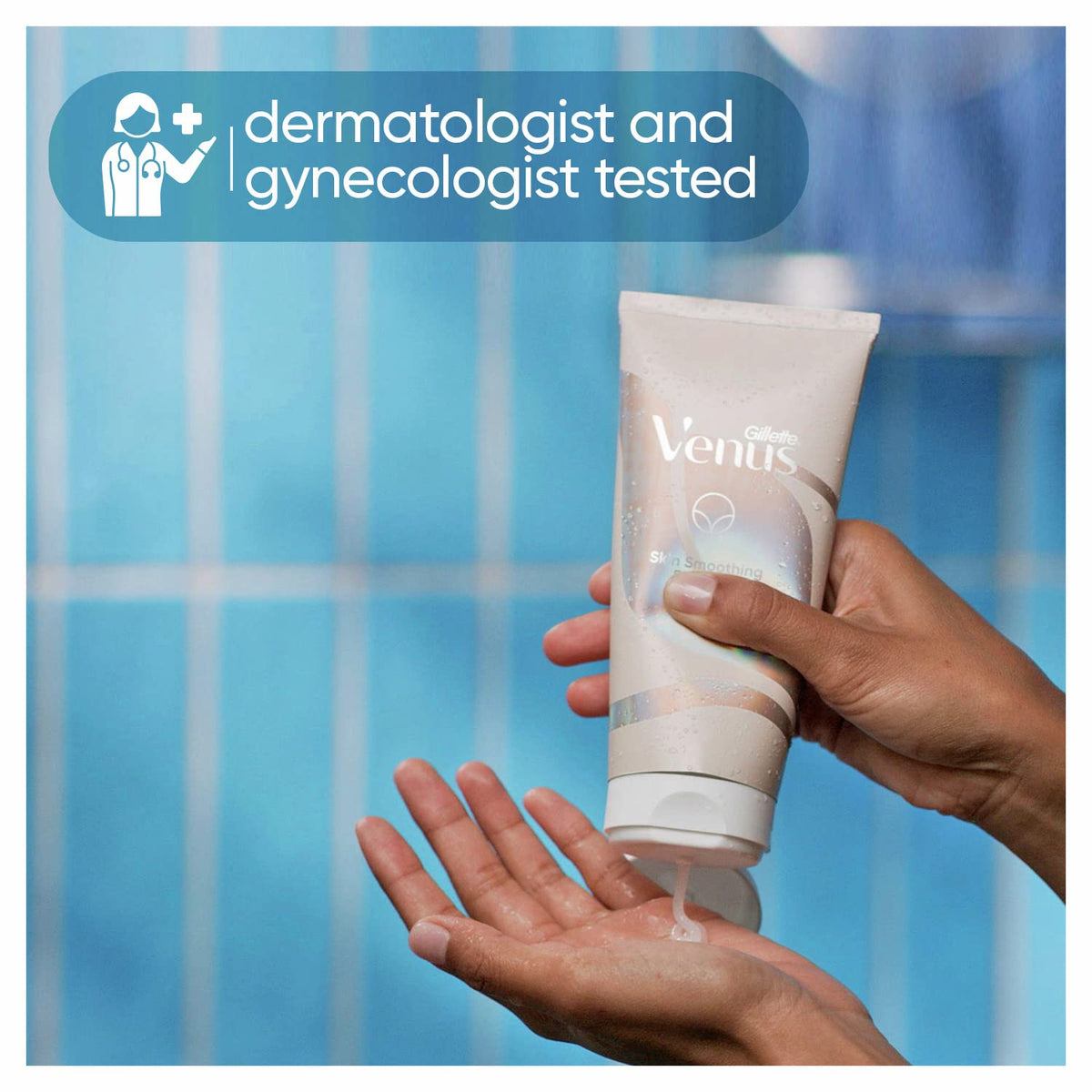 Gillette Venus bikini line skin-smoothing exfoliant tube placed upright on a clean white surface.