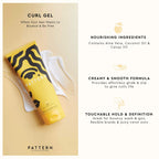 PATTERN Beauty Curl Gel bottle showing key ingredients like aloe vera and coconut oil.