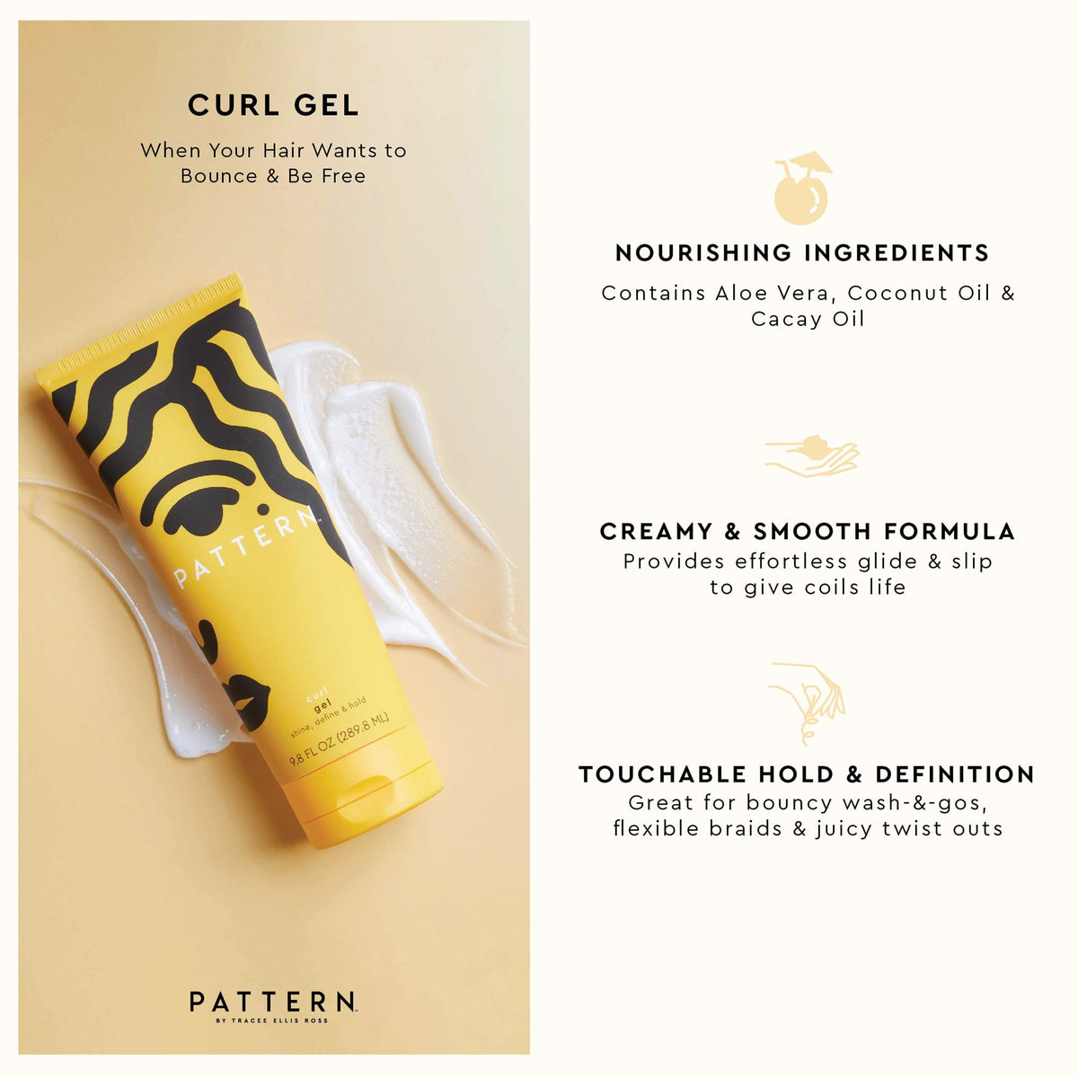 PATTERN Beauty Curl Gel bottle showing key ingredients like aloe vera and coconut oil.