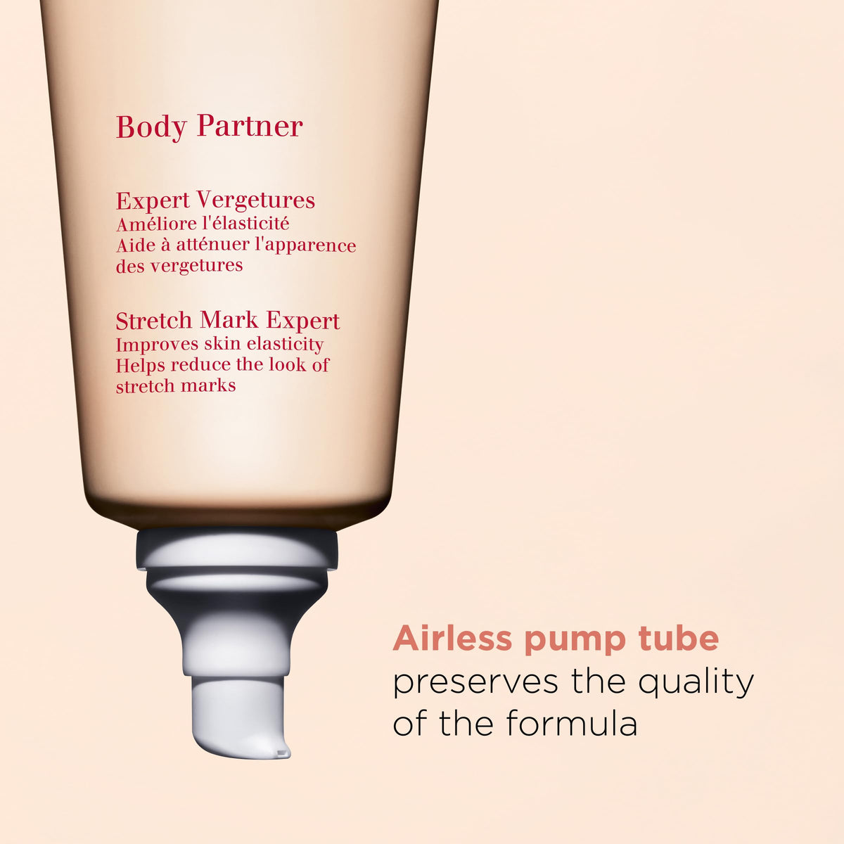 Clarins luxury stretch mark reduction cream close up showing precision pump dispenser