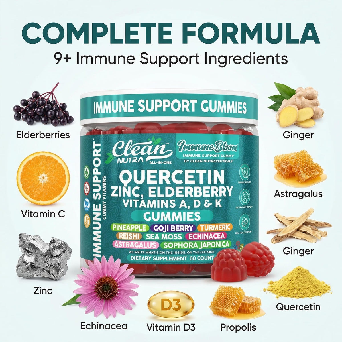 Clean Nutraceuticals immunity gummies showcasing the rich blend of elderberry sea moss and turmeric.