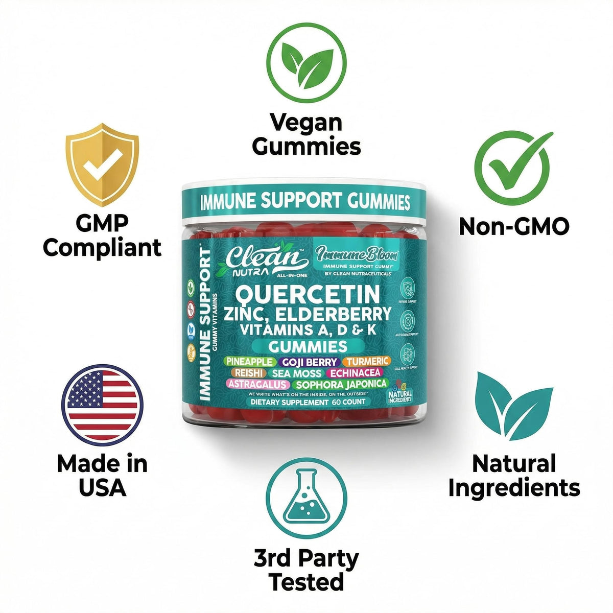 Clean Nutraceuticals multi ingredient health supplement container highlighting the sixty soft chewable gummies.