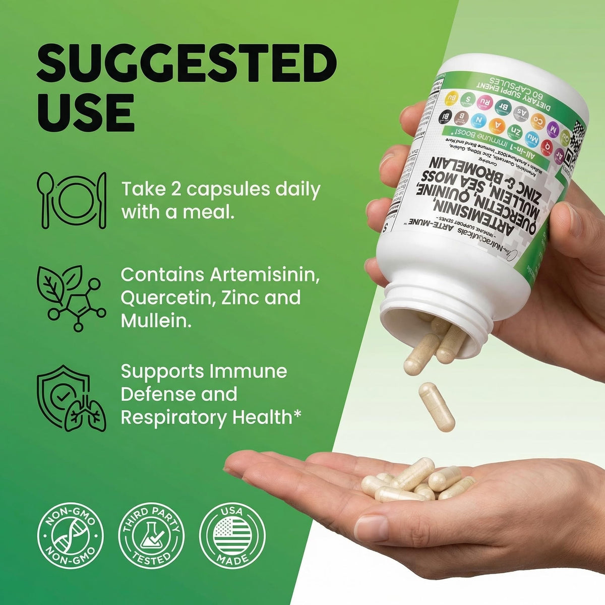 Arte-Mune 60 capsules container showing directions and ingredient list